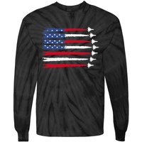 Patriotic Red White Blue Usa Flag Fighter Jets 4th Of July Tie-Dye Long Sleeve Shirt