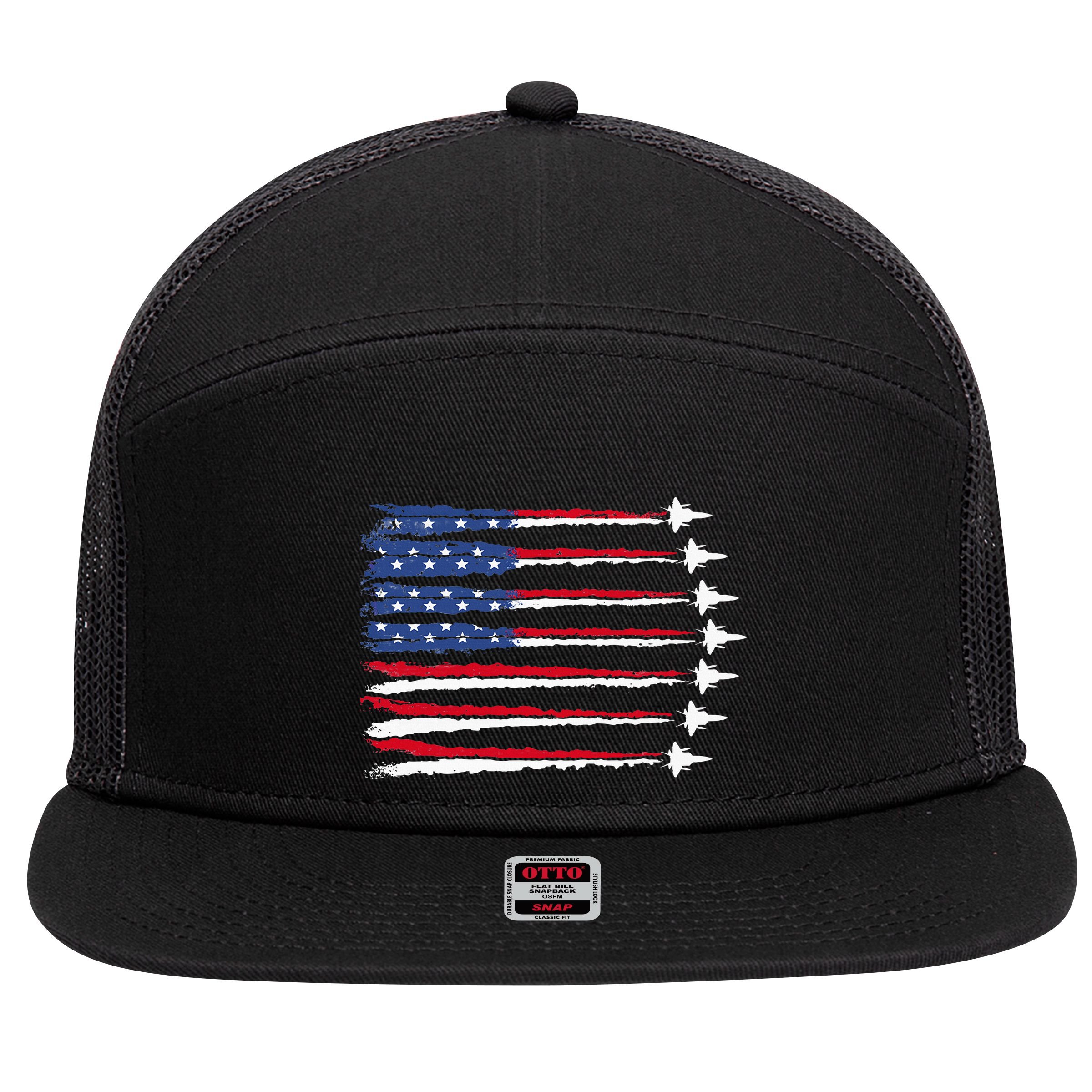 Patriotic Red White Blue Usa Flag Fighter Jets Veterans Day 7 Panel Mesh Trucker Snapback Hat