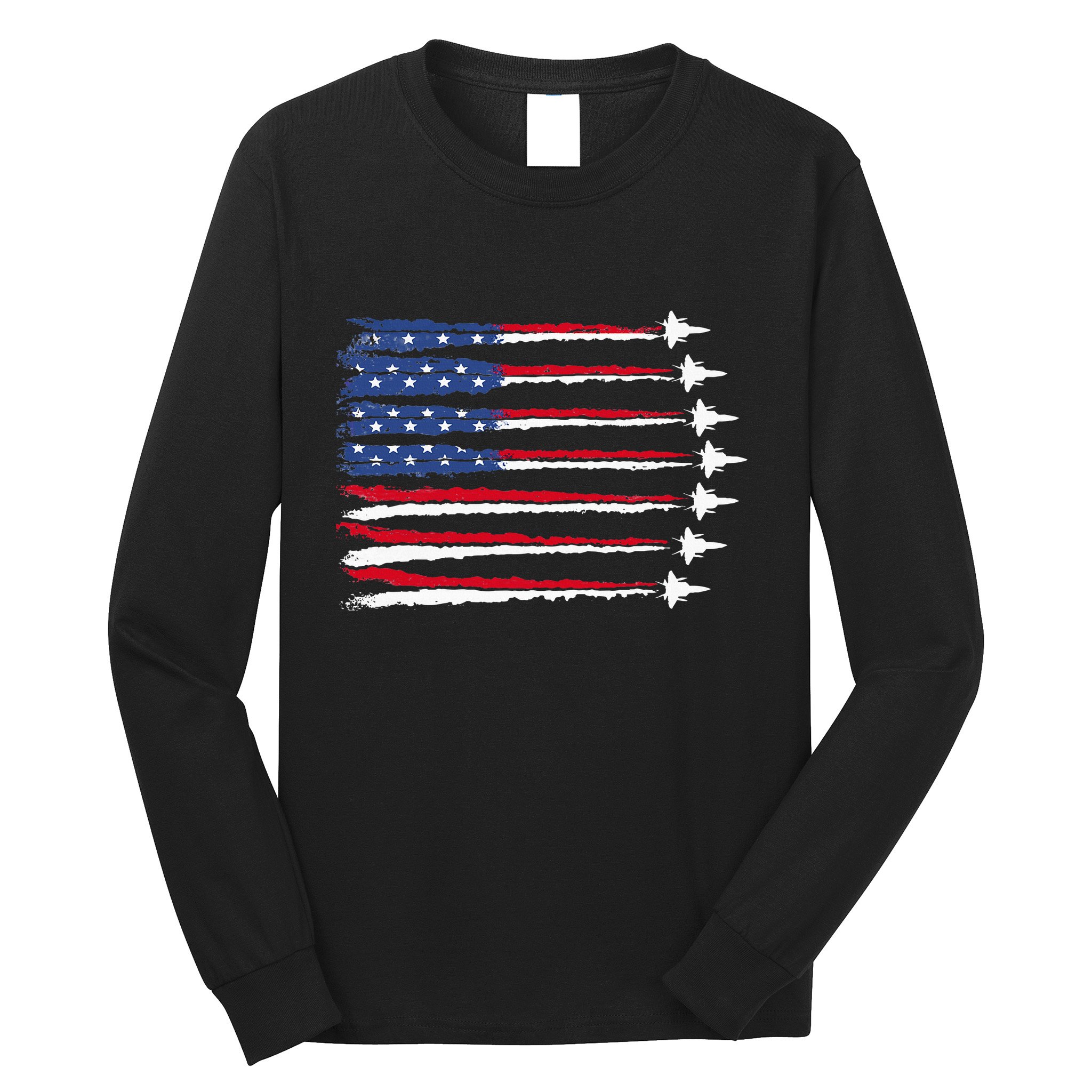 Patriotic Red White Blue Usa Flag Fighter Jets Veterans Day Long Sleeve Shirt