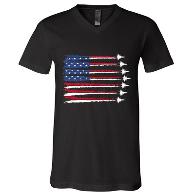 Patriotic Red White Blue Usa Flag Fighter Jets Veterans Day V-Neck T-Shirt