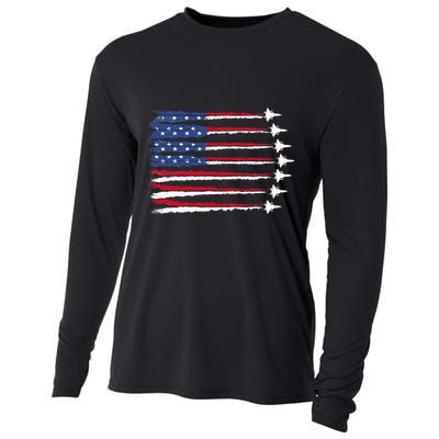 Patriotic Red White Blue Usa Flag Fighter Jets Veterans Day Cooling Performance Long Sleeve Crew