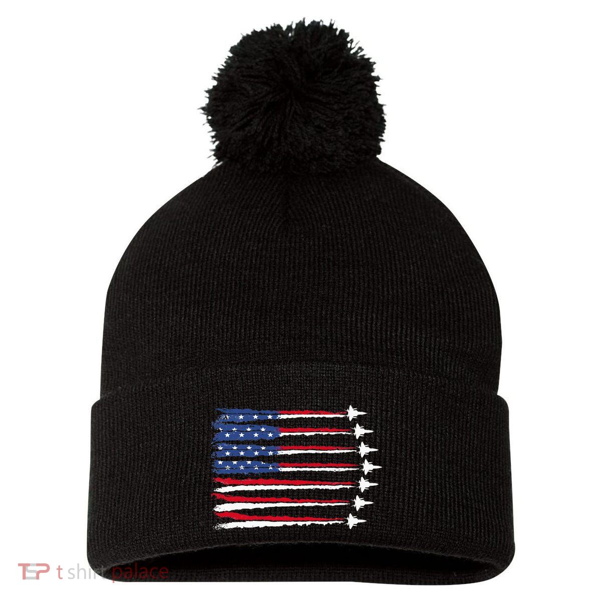 Patriotic Red White Blue Usa Flag Fighter Jets Veterans Day Pom Pom 12in Knit Beanie
