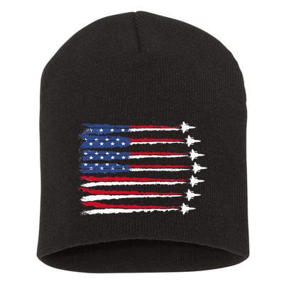Patriotic Red White Blue Usa Flag Fighter Jets Veterans Day Short Acrylic Beanie