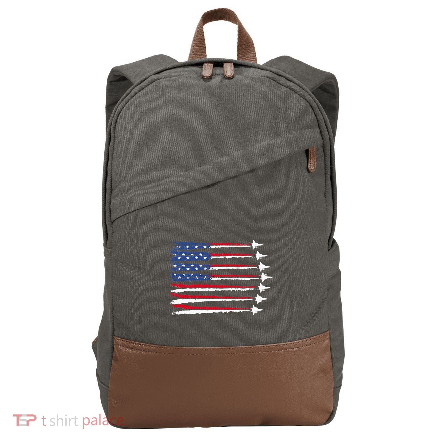 Patriotic Red White Blue Usa Flag Fighter Jets Veterans Day Cotton Canvas Backpack