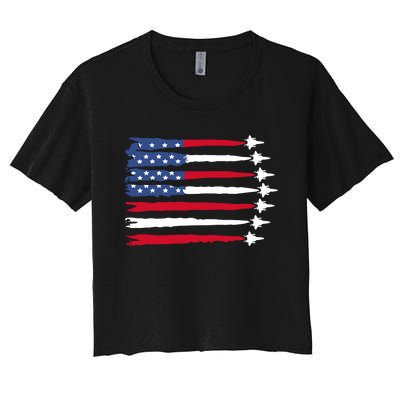 Patriotic Red White Blue Usa Flag Fighter Jets 4th Of July Women's Crop Top Tee