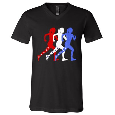 Patriotic Red White & Blue Stars Running Women N Runner V-Neck T-Shirt