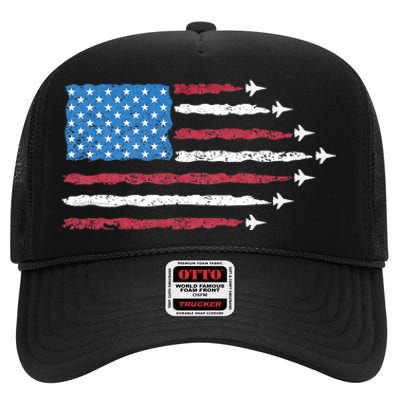 Patriotic Red White Blue Usa Flag Fighter Jets 4th Of July High Crown Mesh Back Trucker Hat