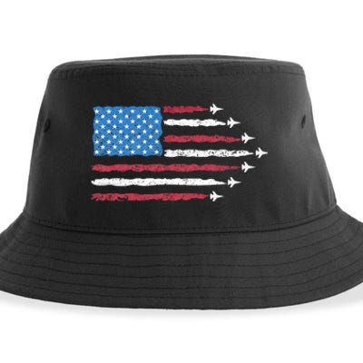 Patriotic Red White Blue Usa Flag Fighter Jets 4th Of July Sustainable Bucket Hat