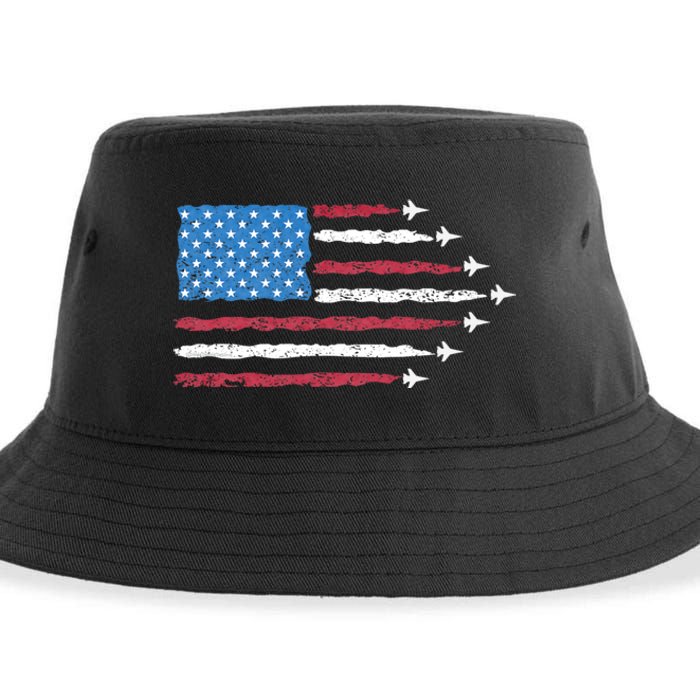 Patriotic Red White Blue Usa Flag Fighter Jets 4th Of July Sustainable Bucket Hat