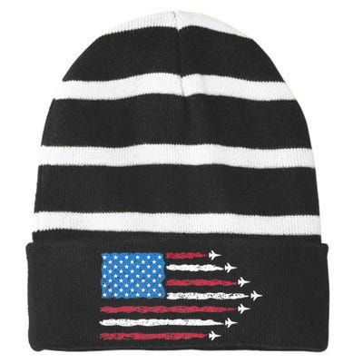 Patriotic Red White Blue Usa Flag Fighter Jets 4th Of July Striped Beanie with Solid Band