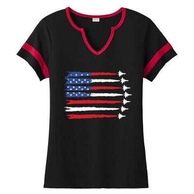 Patriotic Red White Blue Usa Flag Fighter Jets Ladies Halftime Notch Neck Tee