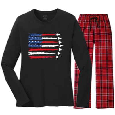 Patriotic Red White Blue Usa Flag Fighter Jets Women's Long Sleeve Flannel Pajama Set 