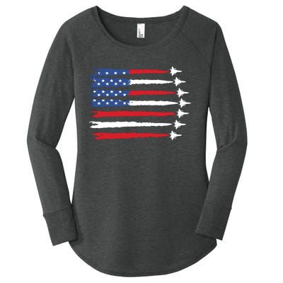 Patriotic Red White Blue Usa Flag Fighter Jets Women's Perfect Tri Tunic Long Sleeve Shirt