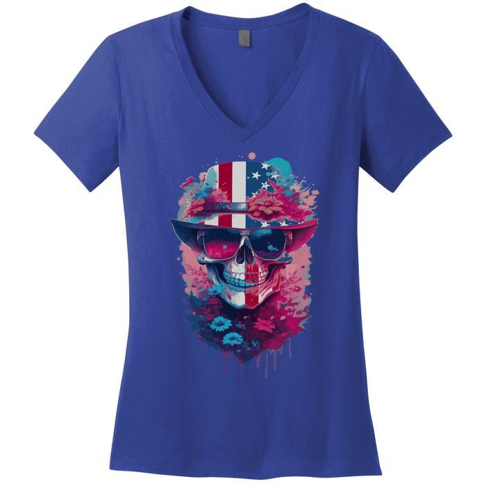 Patriotic Skull 4th Of July Uncle Sam Skull American Flag Gift Women's V-Neck T-Shirt