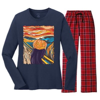 Pumpkin Scream Art Painting Parody Women's Long Sleeve Flannel Pajama Set 