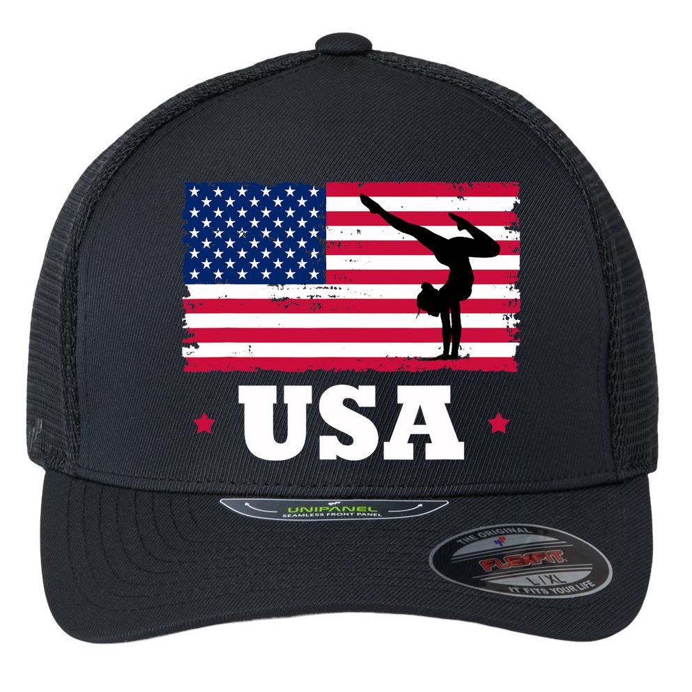 Patriotic Sports American USA Flag Girl Gymnastics Flexfit Unipanel Trucker Cap