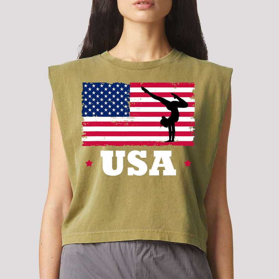 Patriotic Sports American USA Flag Girl Gymnastics Garment-Dyed Women's Muscle Tee