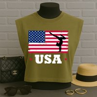 Patriotic Sports American USA Flag Girl Gymnastics Garment-Dyed Women's Muscle Tee
