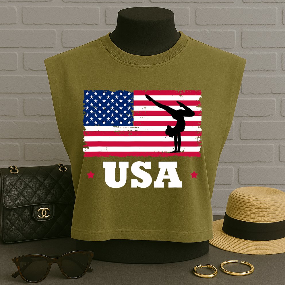 Patriotic Sports American USA Flag Girl Gymnastics Garment-Dyed Women's Muscle Tee