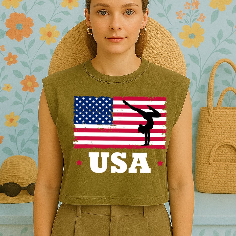 Patriotic Sports American USA Flag Girl Gymnastics Garment-Dyed Women's Muscle Tee