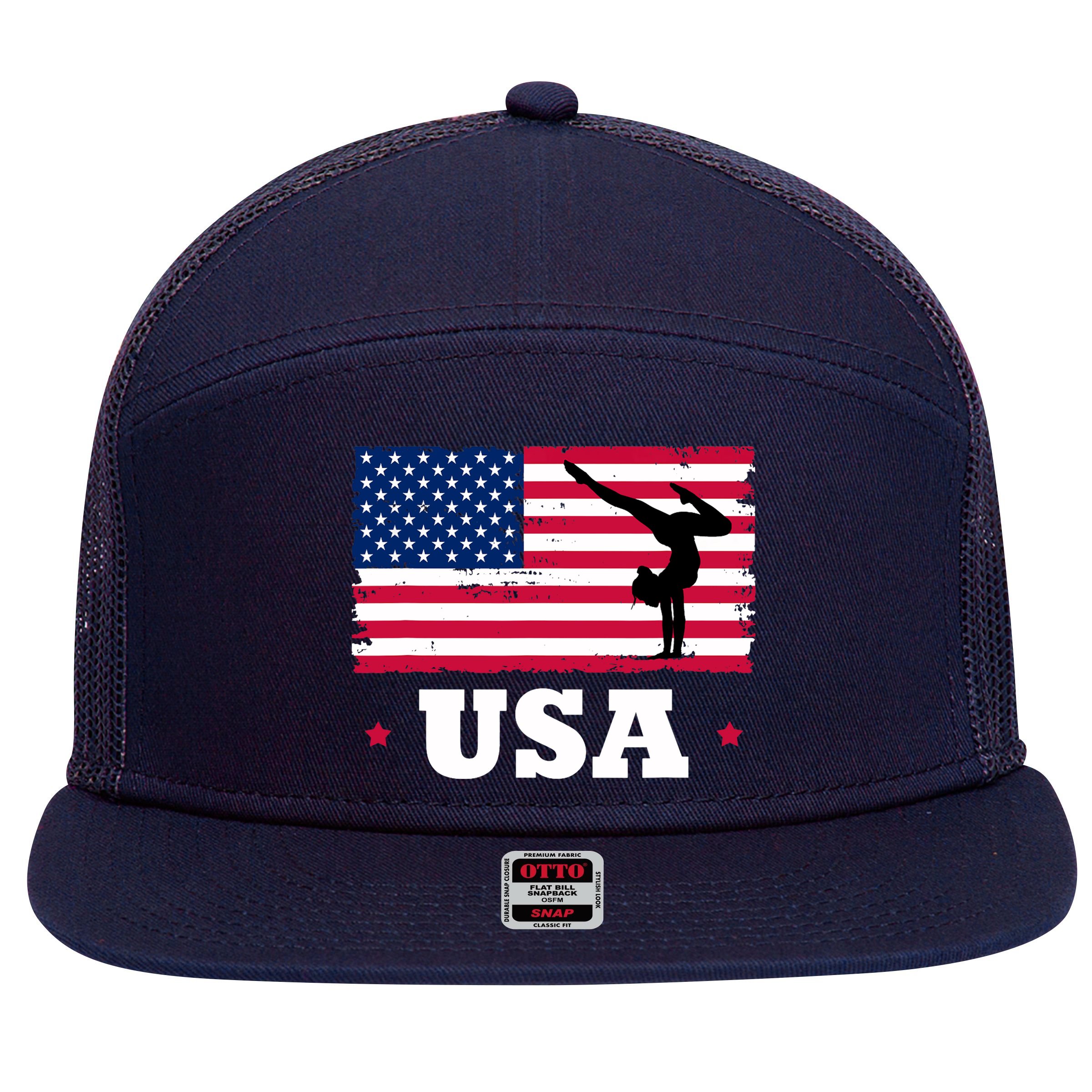 Patriotic Sports American USA Flag Girl Gymnastics 7 Panel Mesh Trucker Snapback Hat