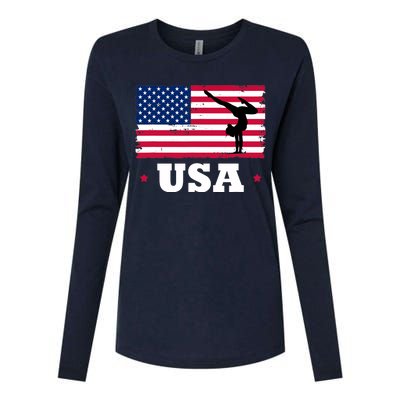 Patriotic Sports American USA Flag Girl Gymnastics Womens Cotton Relaxed Long Sleeve T-Shirt