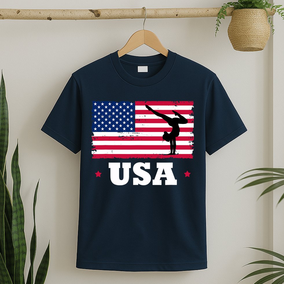 Patriotic Sports American USA Flag Girl Gymnastics T-Shirt