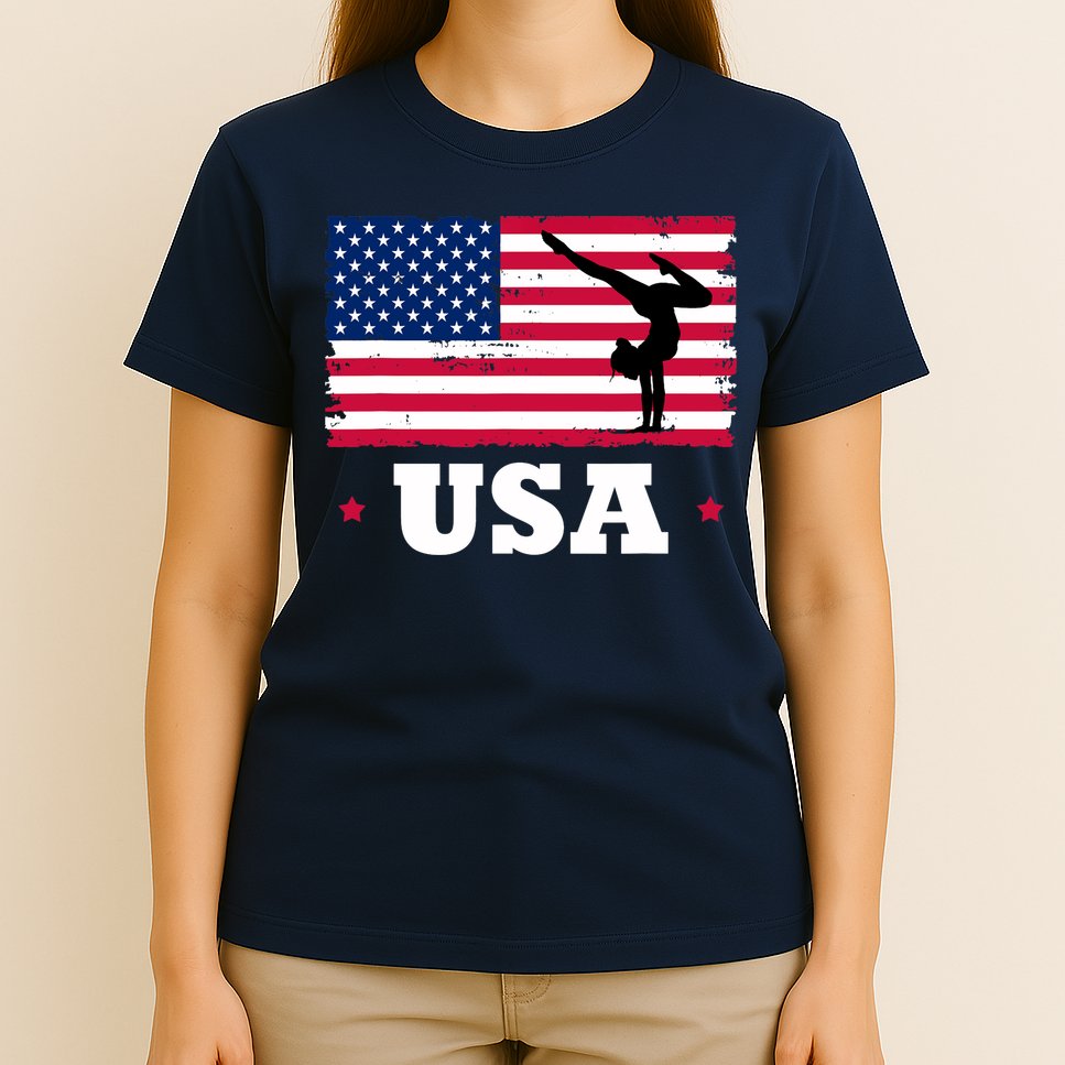Patriotic Sports American USA Flag Girl Gymnastics T-Shirt