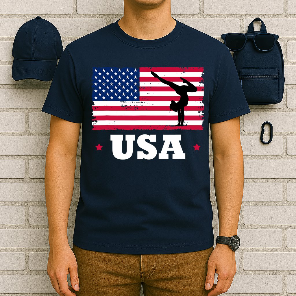 Patriotic Sports American USA Flag Girl Gymnastics T-Shirt