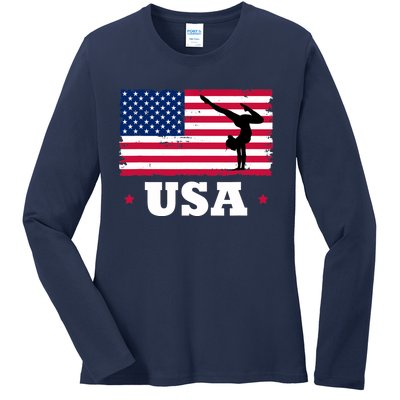 Patriotic Sports American USA Flag Girl Gymnastics Ladies Long Sleeve Shirt