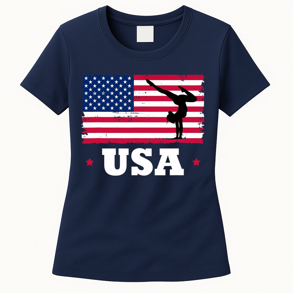 Patriotic Sports American USA Flag Girl Gymnastics Womens T-Shirt