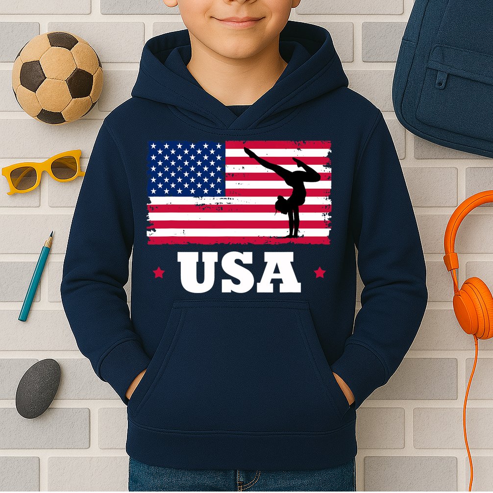 Patriotic Sports American USA Flag Girl Gymnastics Kids Hoodie
