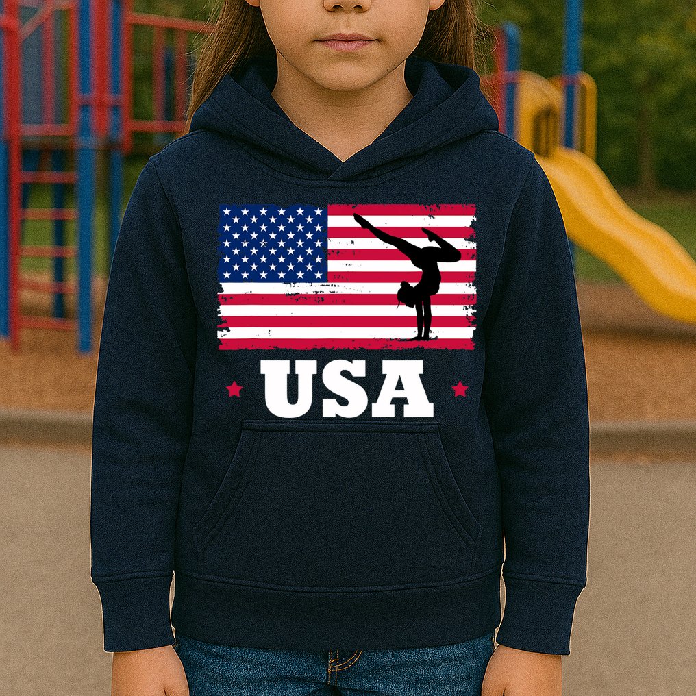 Patriotic Sports American USA Flag Girl Gymnastics Kids Hoodie