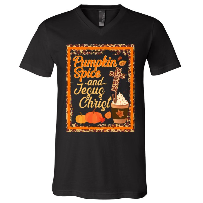 Pumpkin Spice And Jesus Christ Autumn Fall Leopard Print V-Neck T-Shirt