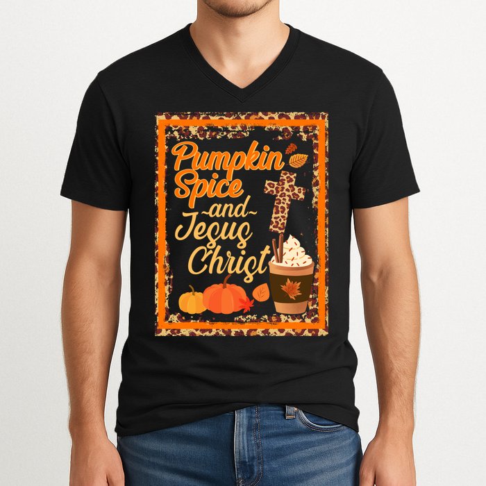 Pumpkin Spice And Jesus Christ Autumn Fall Leopard Print V-Neck T-Shirt