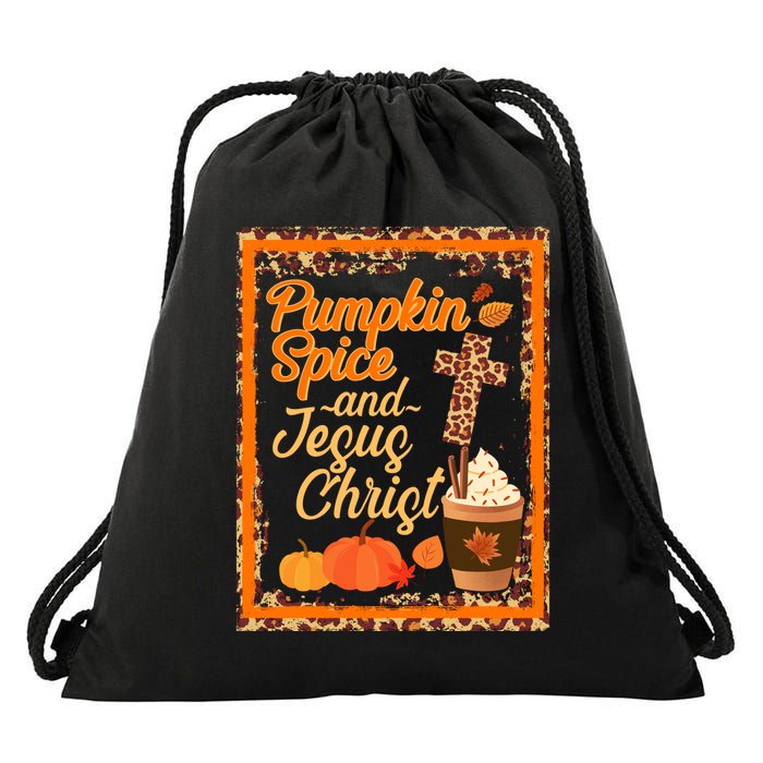 Pumpkin Spice And Jesus Christ Autumn Fall Leopard Print Drawstring Bag