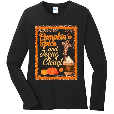 Pumpkin Spice And Jesus Christ Autumn Fall Leopard Print Ladies Long Sleeve Shirt