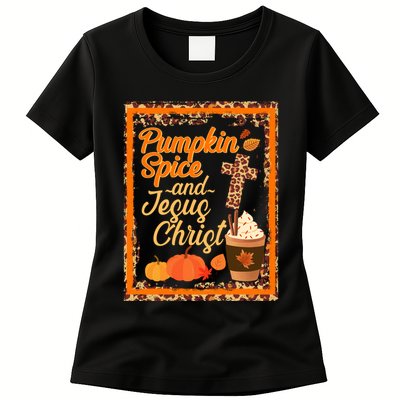 Pumpkin Spice And Jesus Christ Autumn Fall Leopard Print Womens T-Shirt