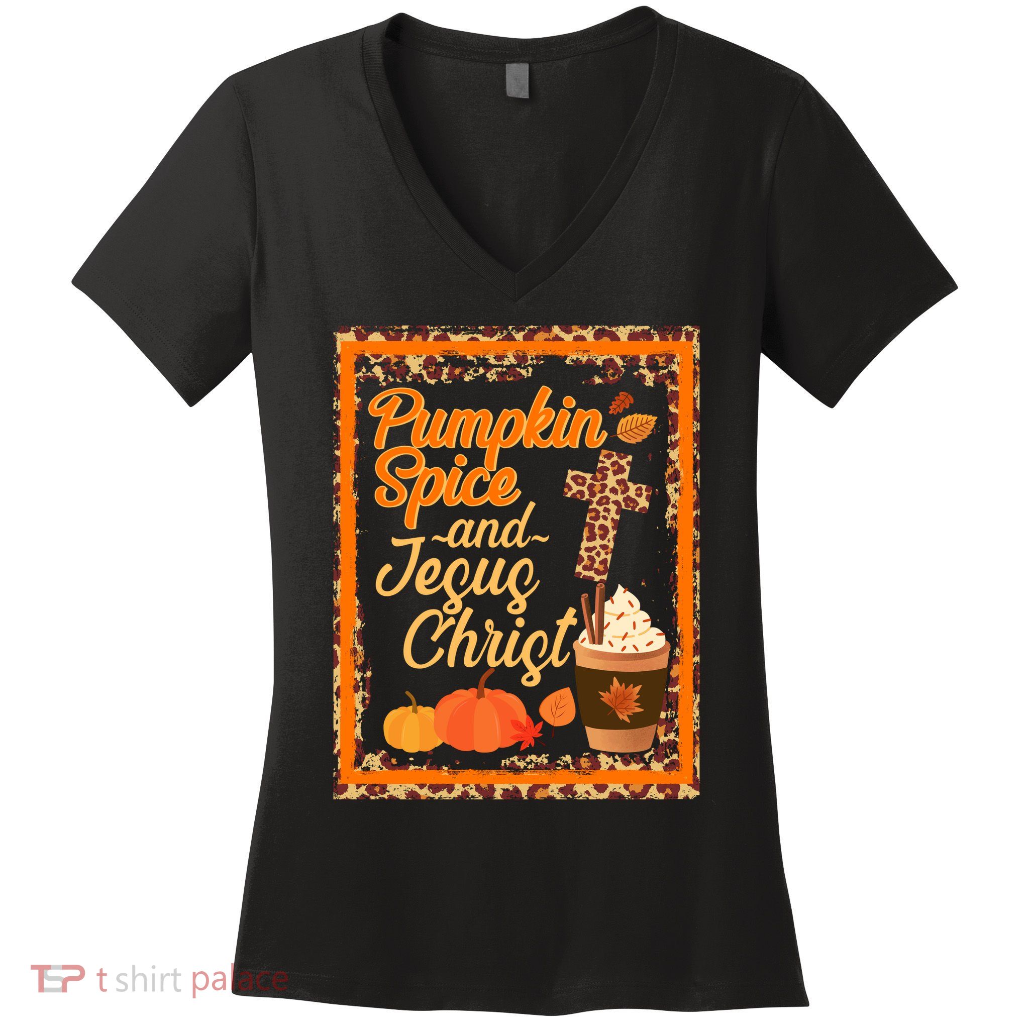 Pumpkin Spice And Jesus Christ Autumn Fall Leopard Print Women's V-Neck T-Shirt