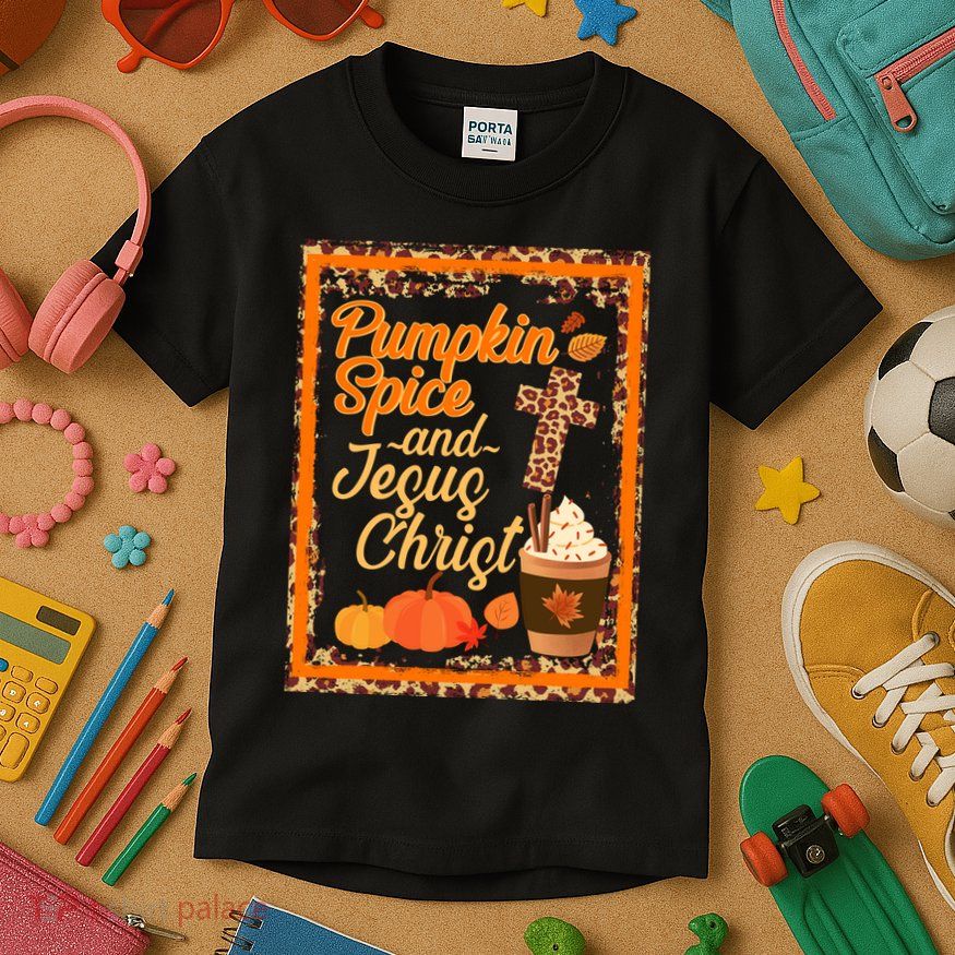 Pumpkin Spice And Jesus Christ Autumn Fall Leopard Print Kids T-Shirt