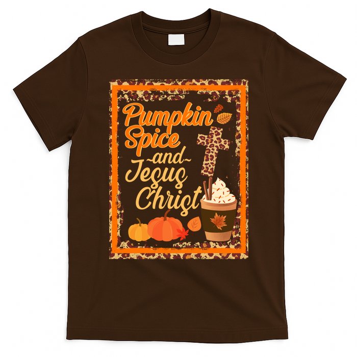 Pumpkin Spice And Jesus Christ Autumn Fall Leopard Print T-Shirt
