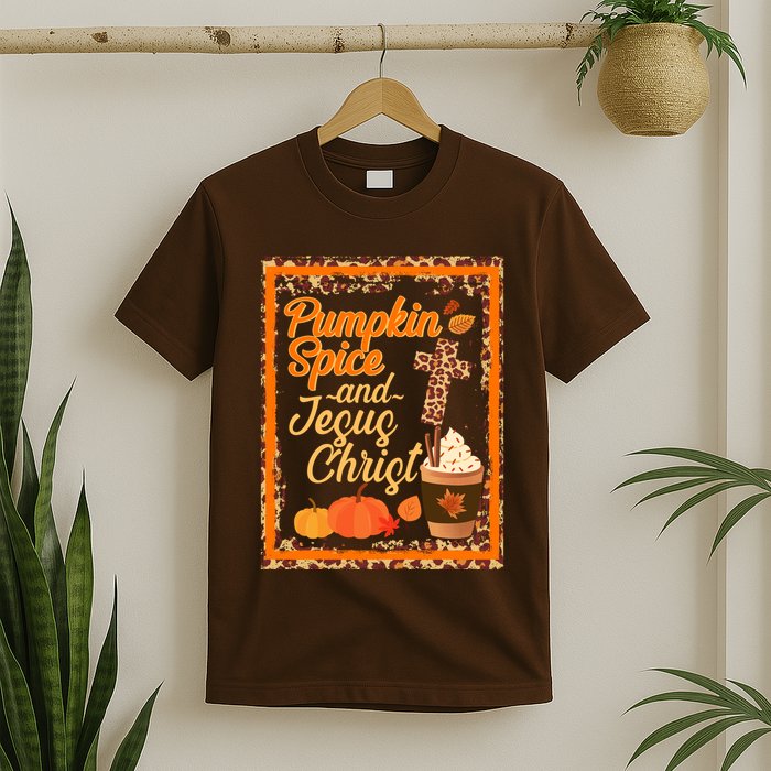 Pumpkin Spice And Jesus Christ Autumn Fall Leopard Print T-Shirt