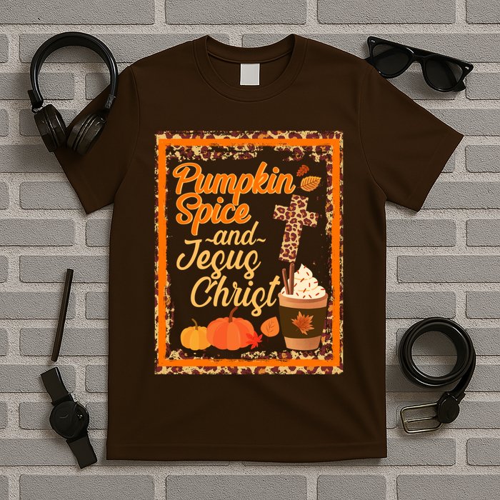 Pumpkin Spice And Jesus Christ Autumn Fall Leopard Print T-Shirt