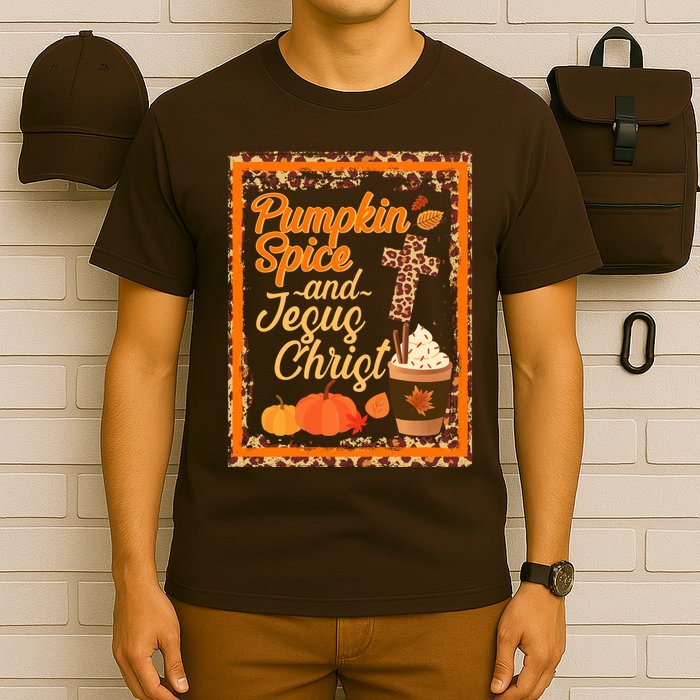 Pumpkin Spice And Jesus Christ Autumn Fall Leopard Print T-Shirt