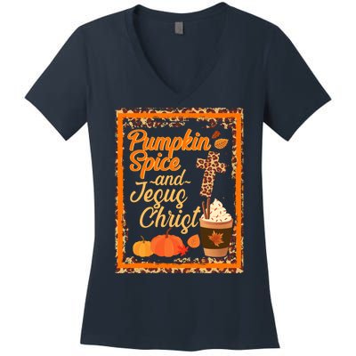 Pumpkin Spice And Jesus Christ Autumn Fall Leopard Print Women's V-Neck T-Shirt