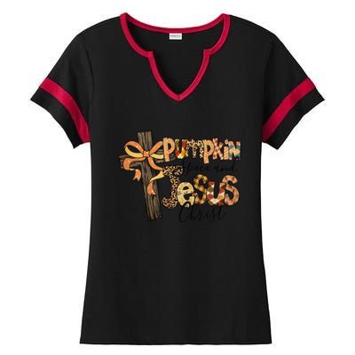 Pumpkin Spice And Jesus Christian God Faith Ladies Halftime Notch Neck Tee