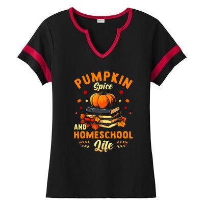 Pumpkin Spice And Homeschool Life Gift For Thankgiving Day Ladies Halftime Notch Neck Tee