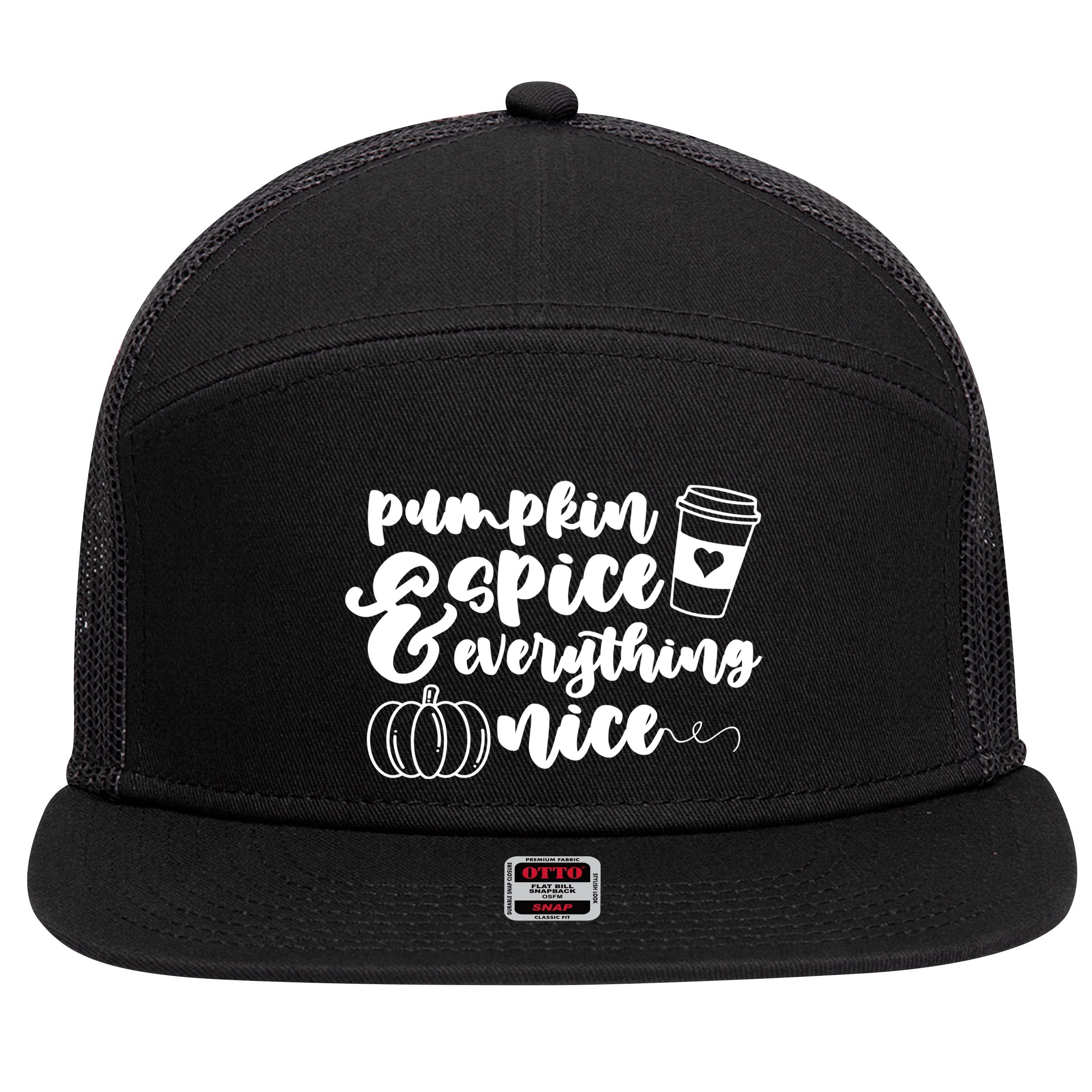 Pumpkin Spice And Everything Nice Halloween Coffee Lover 7 Panel Mesh Trucker Snapback Hat