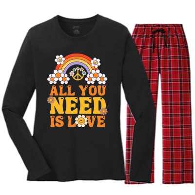 Peace Sign All You Need Is Love 60s 70s Women's Long Sleeve Flannel Pajama Set 