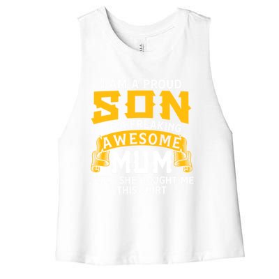 Proud Son Awesome Mum Mother Mom Mama Brother Cute Gift Women's Racerback Cropped Tank